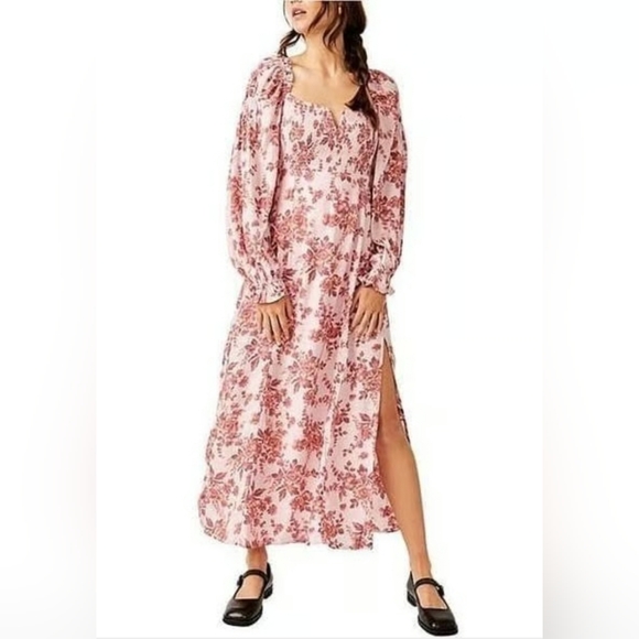 Free People Dresses & Skirts - Free People Jaymes Floral Print Square Neck Long Sleeves Midi Dress Size Small